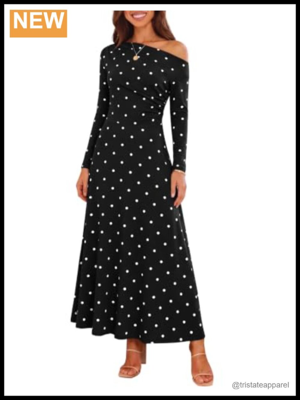 Polka Dot Off Shoulder Long Sleeve Maxi Dress Ruched Waist